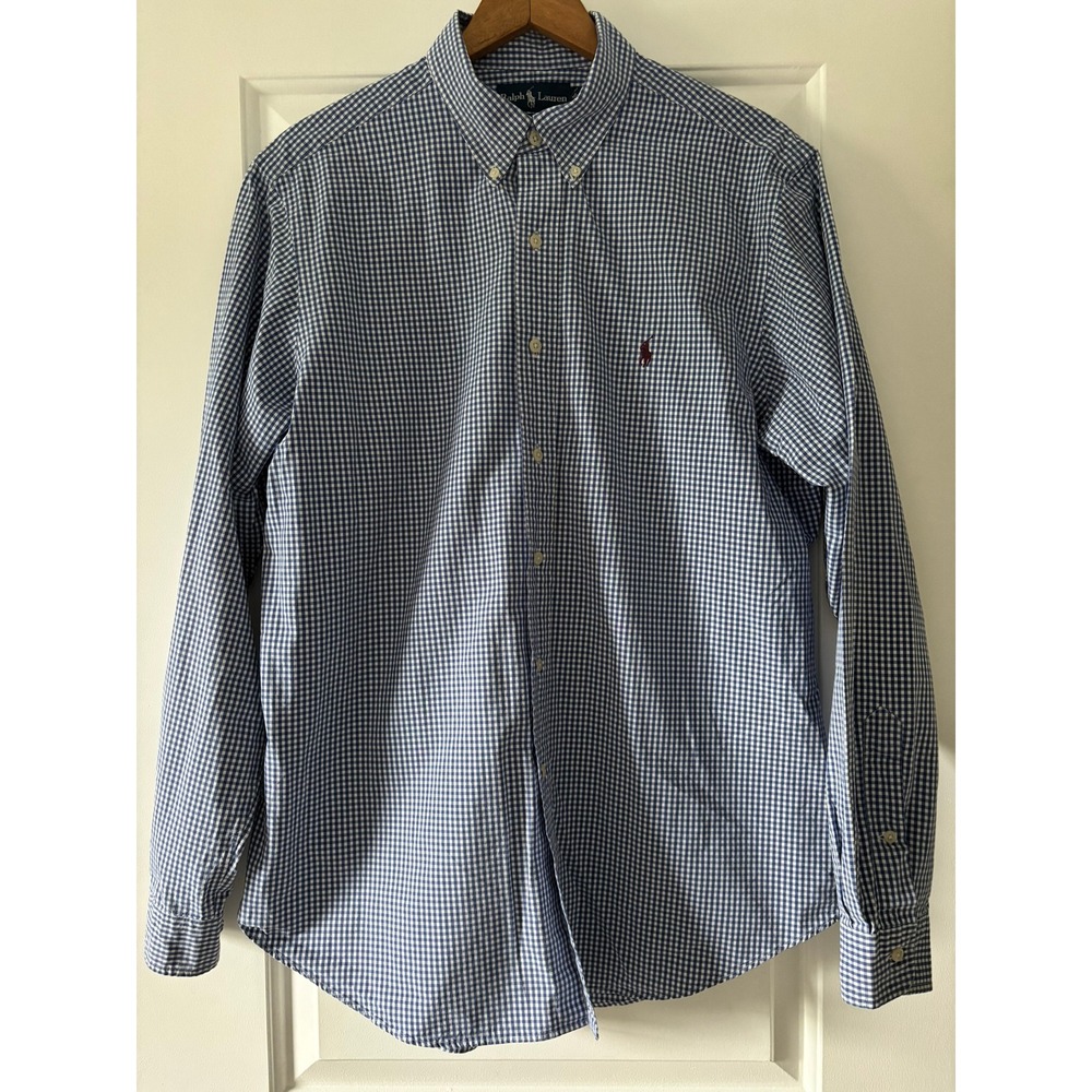 Ralph Lauren Button Down Shirt Mens 16.5 L Blue Gingham Classic Fit Cotton